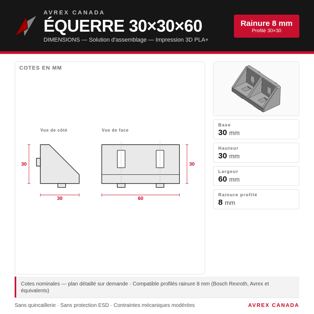Équerre 30x30x60 à charge légère (light duty gusset)
