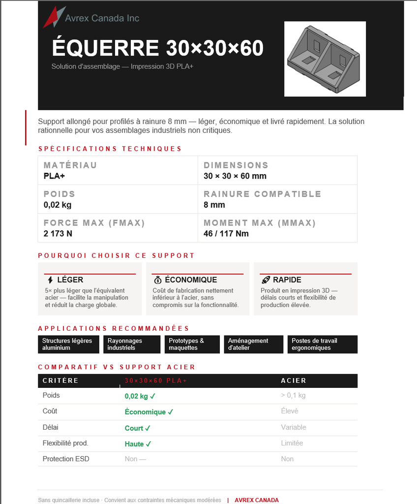 Équerre 30x30x60 à charge légère (light duty gusset)