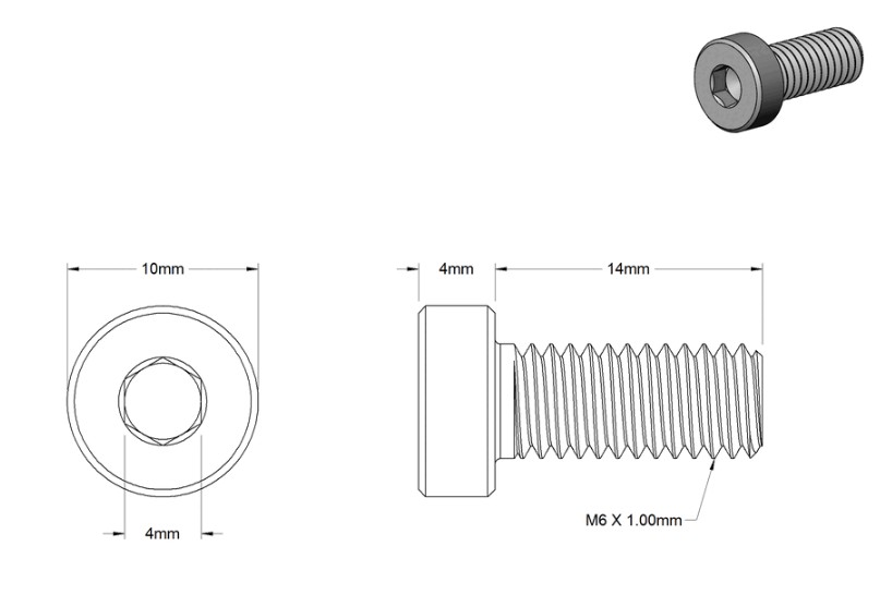 Low-Profile Socket Head Screws with Hex Drive, M6 x 1 mm Thread, 14mm Long